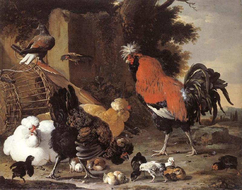 Melchior de Hondecoeter A Cock, Hens and Chicks Norge oil painting art